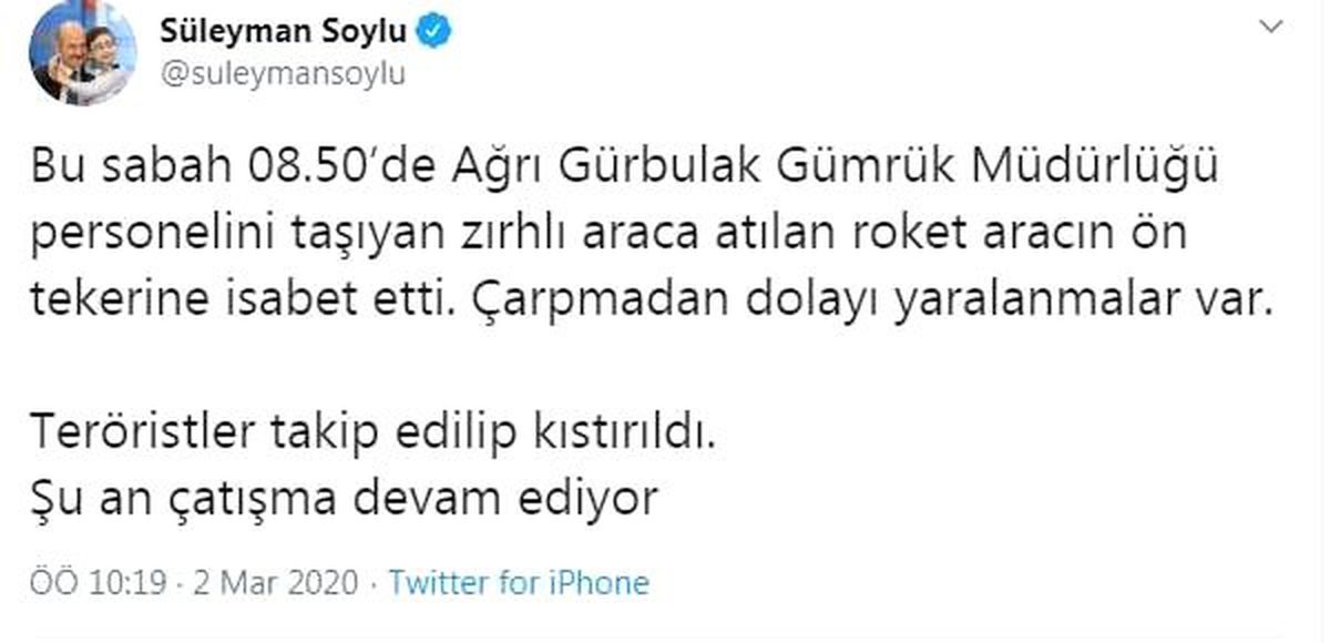 Bakan Soylu: Ağrı\'da teröristler kıstırıldı, çatışma devam ediyor