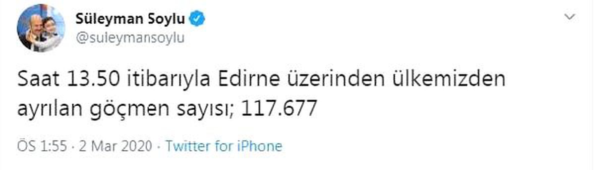 Bakan Soylu: Edirne üzerine ayrılan göçmen sayısı 117 bin 677