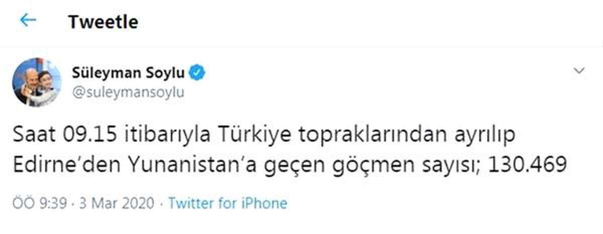 Bakan Soylu: Yunanistan\'a geçen göçmen sayısı 130 bin 469