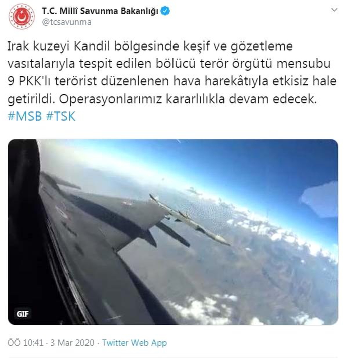 MSB: Kandil\'de 9 PKK\'lı terörist etkisiz hale getirildi