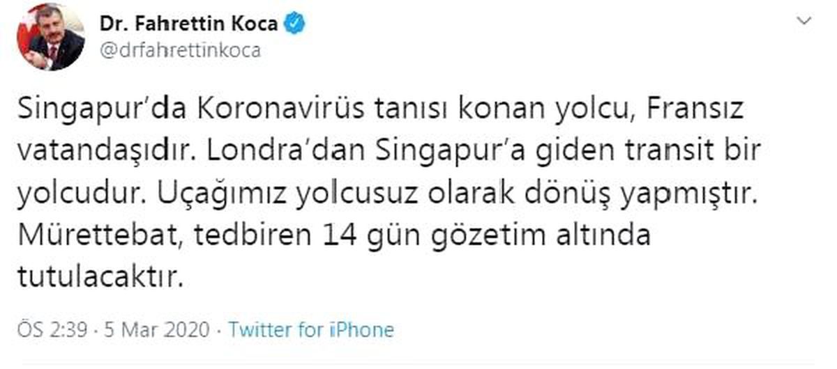 Bakan Koca: Singapur uçağımızın mürettebatı gözetim altında tutulacak