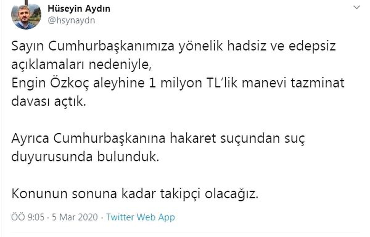 Erdoğan\'dan, CHP\'li Özkoç\'a 1 milyon liralık tazminat davası