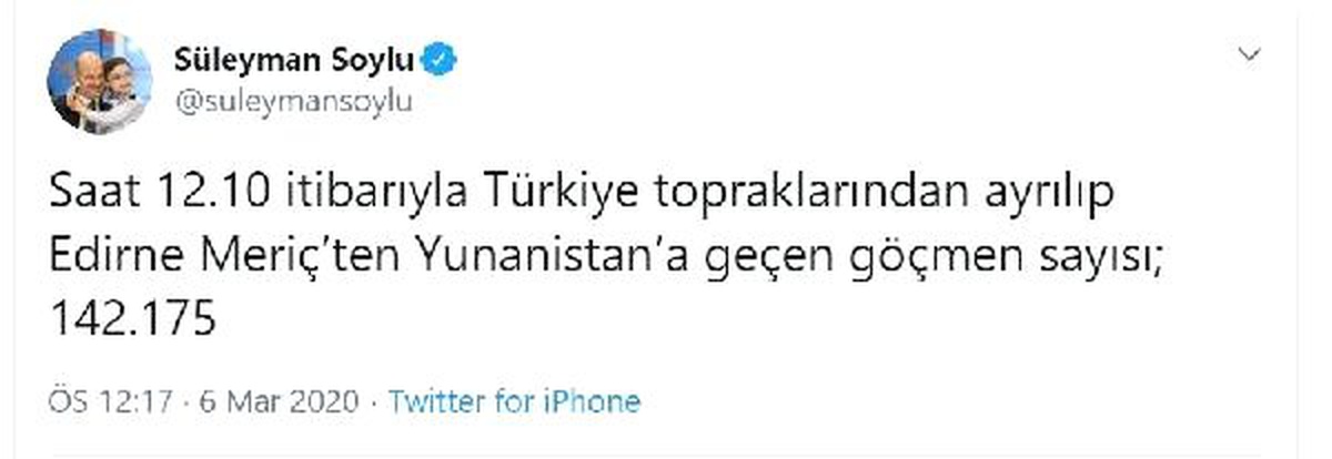 Bakan Soylu: Edirne\'den Yunanistan\'a geçen göçmen sayısı 142 bin 175