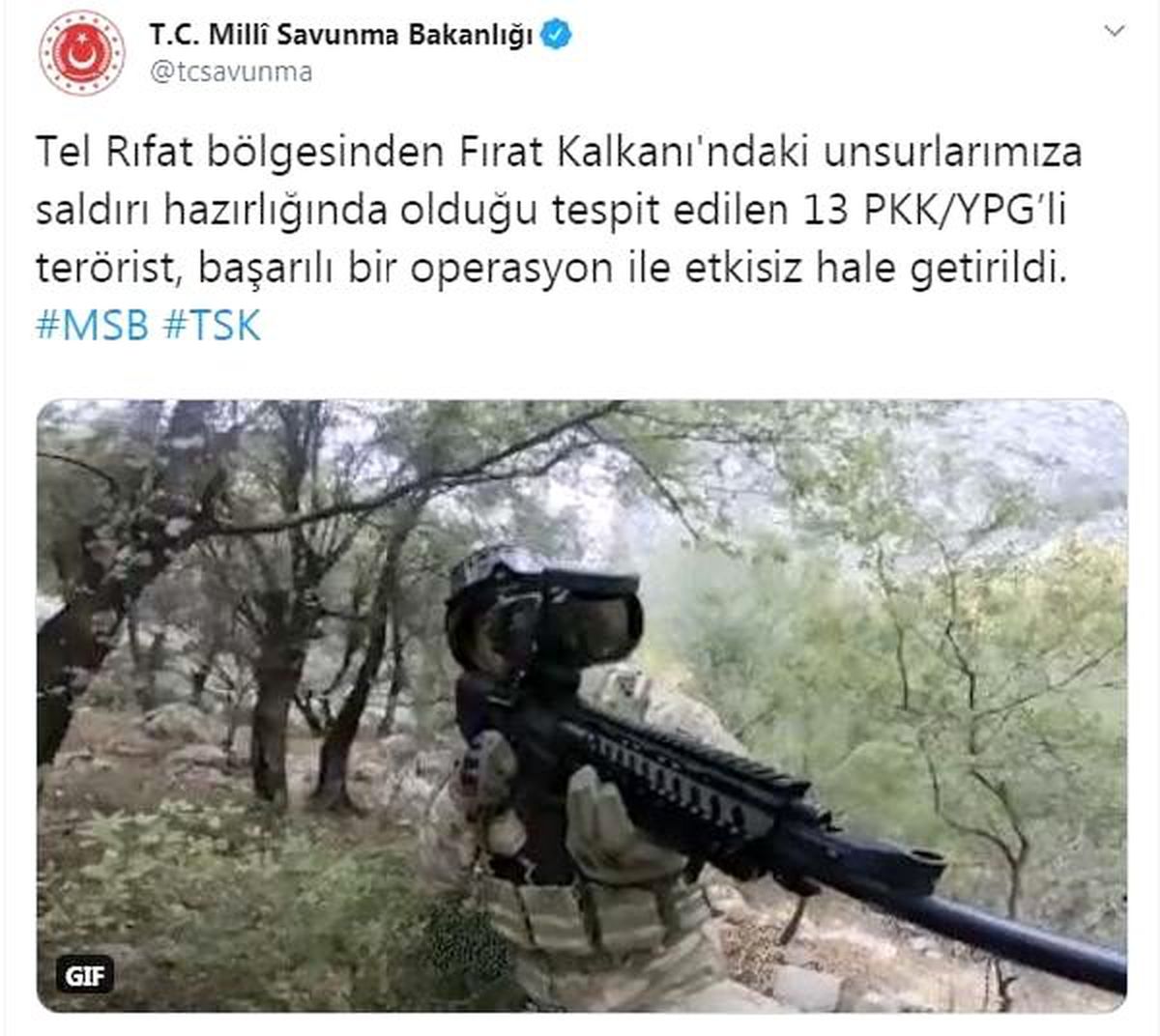 MSB: 13 PKK/YPG\'li terörist etkisiz hale getirildi