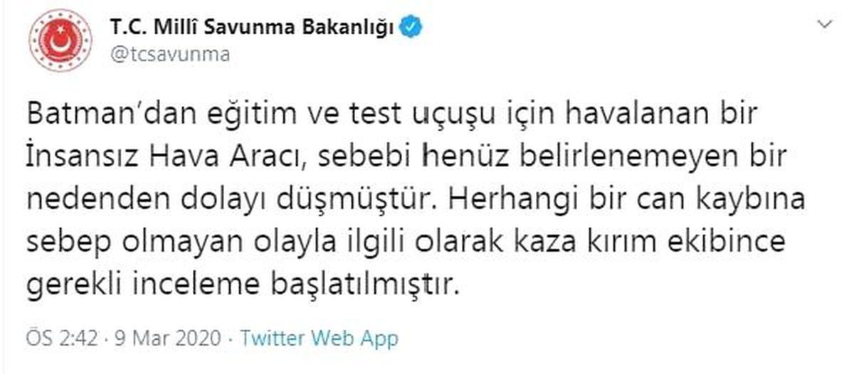MSB: Batman\'dan havalanan İHA düştü
