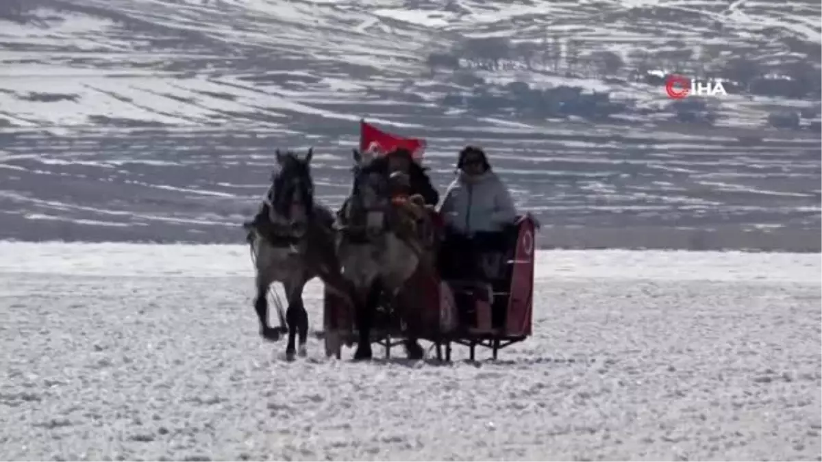 Yüzeyi buzla kaplanan Çıldır Gölü\'nde turistlerin atlı kızak keyfi