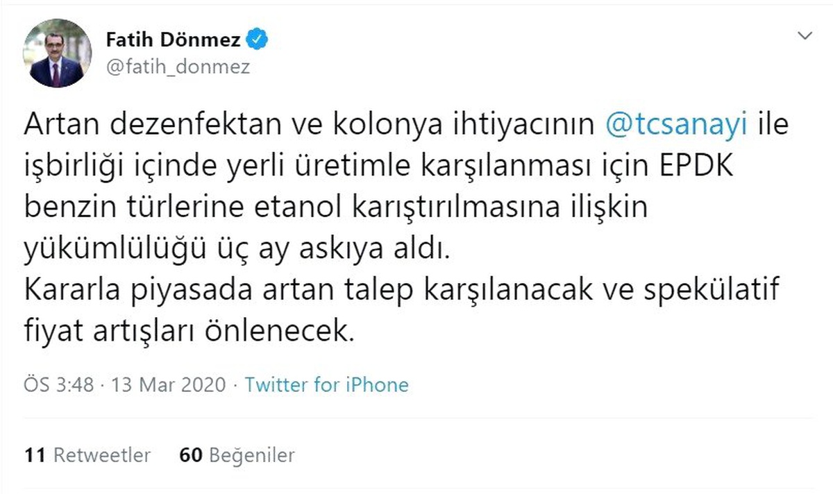 Bakan Dönmez: "EPDK benzin türlerine etanol karıştırılmasına ilişkin yükümlülüğü 3 ay askıya aldı"