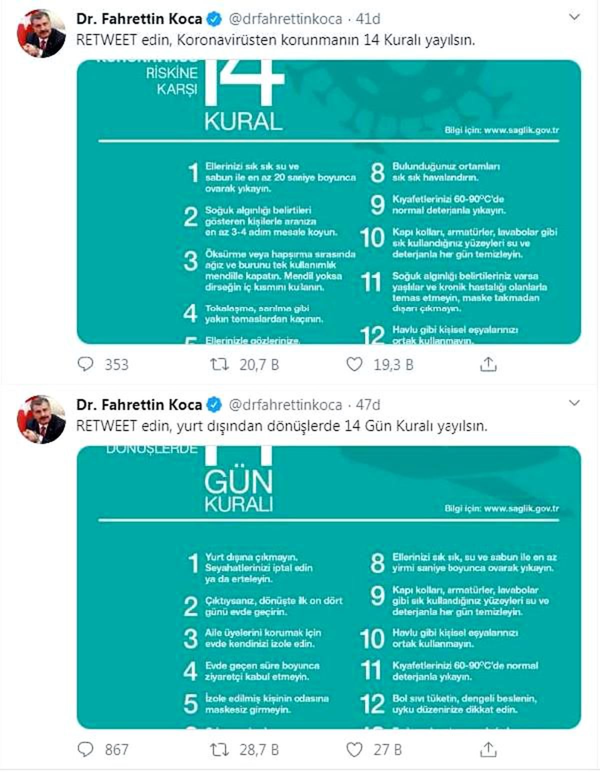 Bakan Koca\'dan, koronavirüse karşı \'14 Kural\' paylaşımı