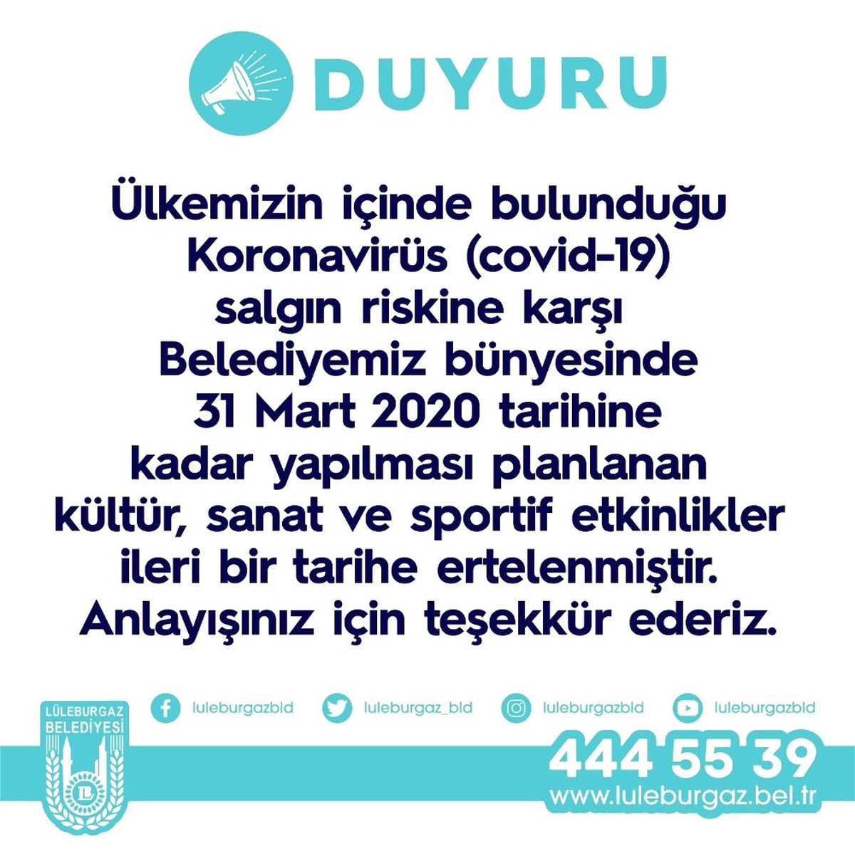 Lüleburgaz\'da etkinliklere korona virüs ertelemesi
