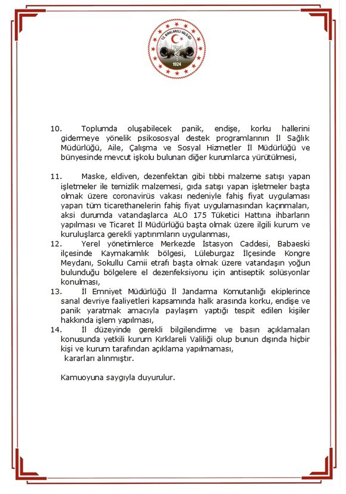 Kırklareli Valiliği\'nden korona virüs kararları