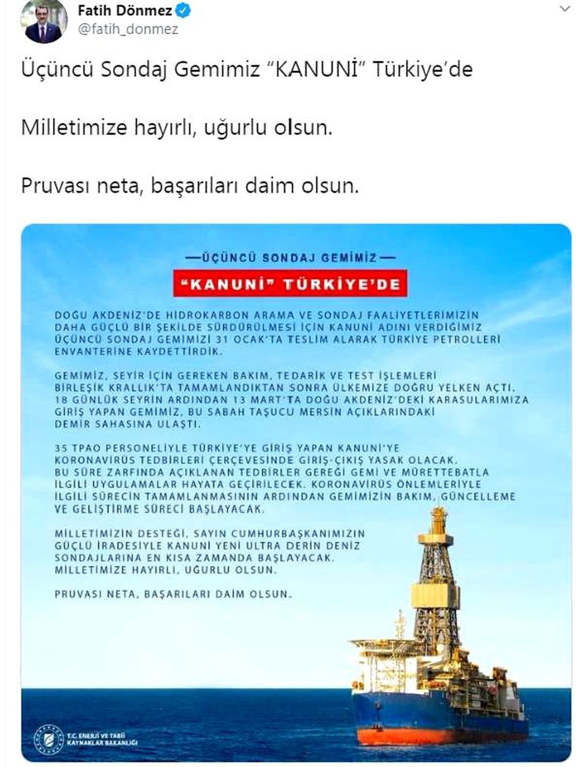 Bakan Dönmez: 3\'üncü sondaj gemimiz \'Kanuni\' Türkiye\'de