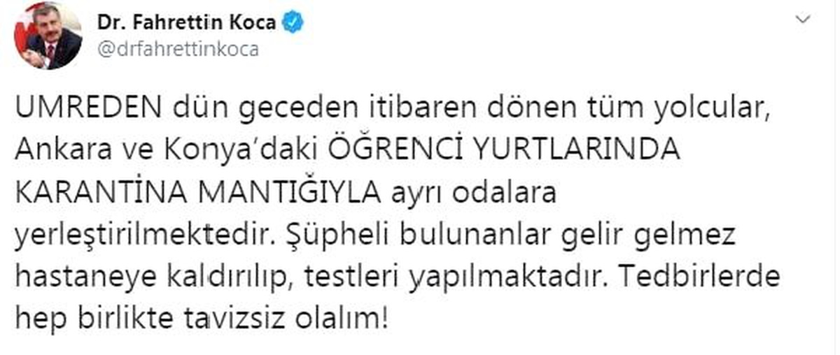 Bakan Koca: Umreden dönenlerden şüpheli bulunanlar hastaneye kaldırıldı