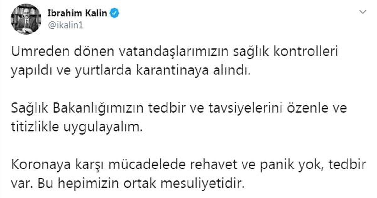 Cumhurbaşkanlığı Sözcüsü Kalın: Umreden dönenler karantinaya alındı