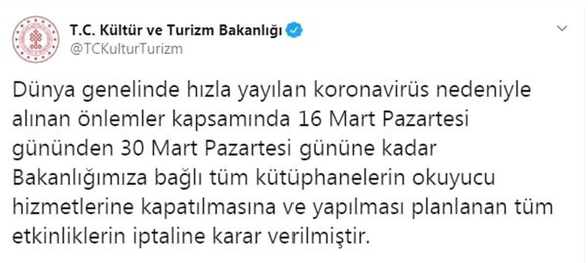 Kütüphaneler 30 Mart\'a kadar kapatıldı