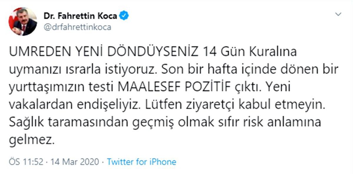 Umre\'de dönen bir kişide virüs tespit edildi