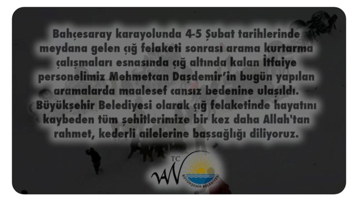 Van Büyükşehir Belediyesi\'nden itfaiye eri için taziye mesajı