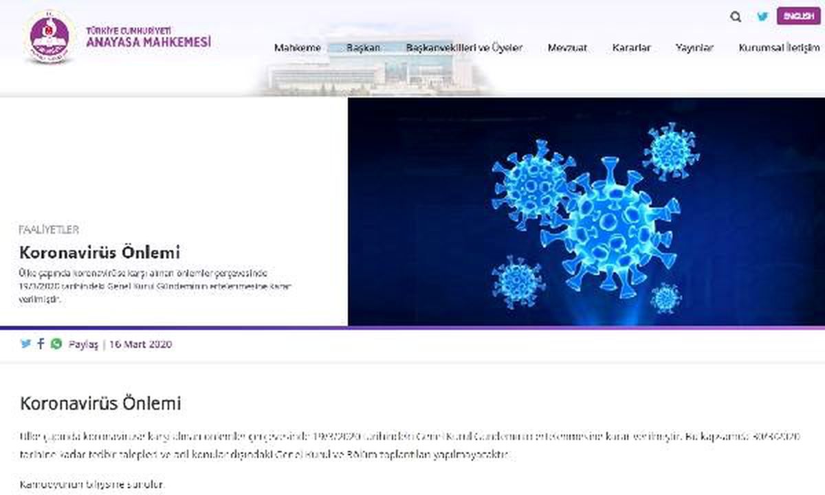 AYM Genel Kurulu\'na koronavirüs ertelemesi