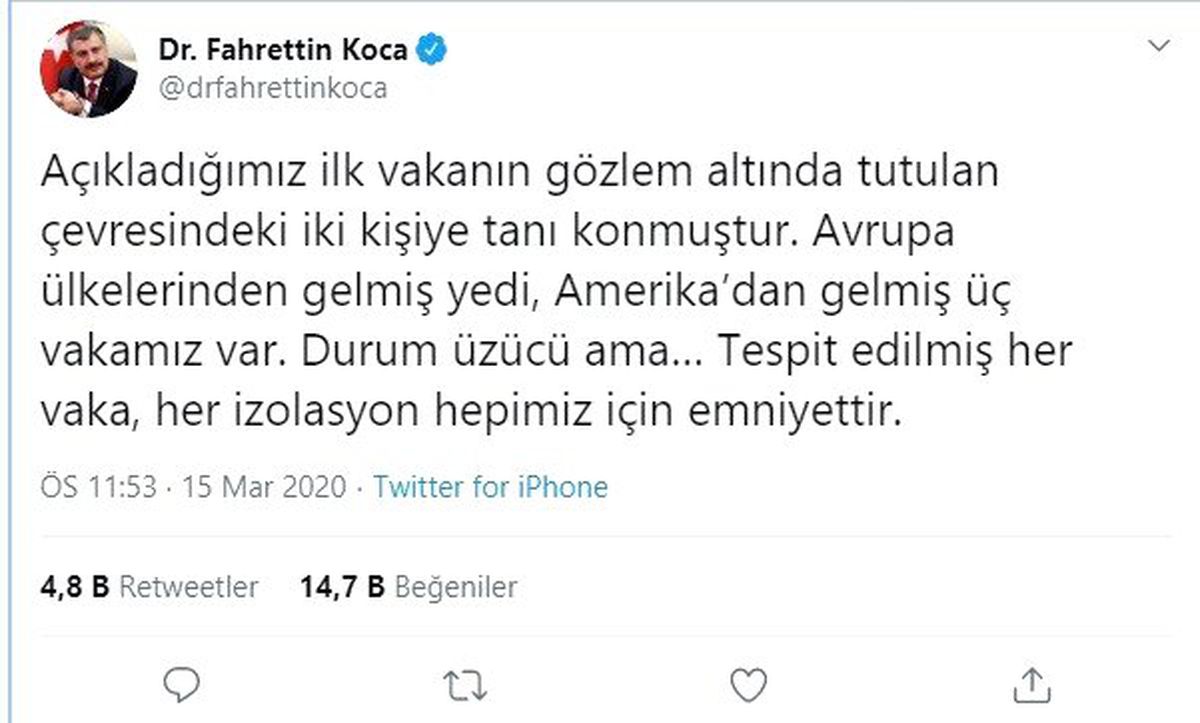 Bakan Koca: "Avrupa\'dan 7, Amerika\'dan gelmiş 3 vakamız var"