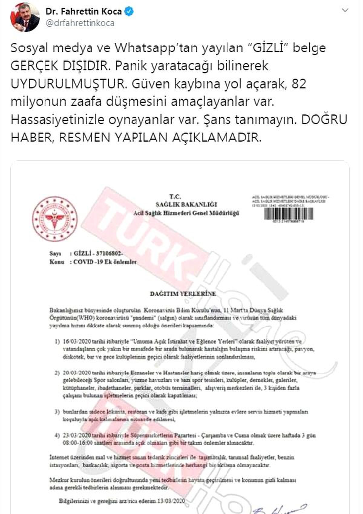Bakan Koca\'dan \'gizli\' belge açıklaması: Gerçek dışı