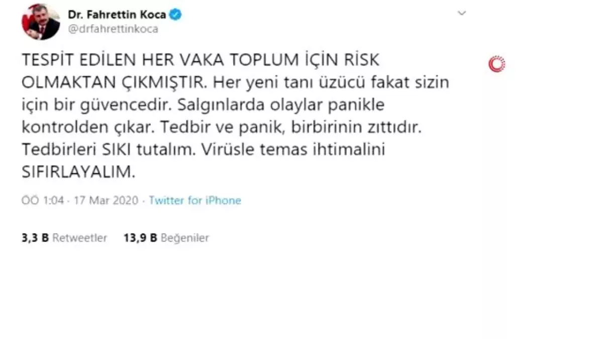 Bakan Koca: "Tedbirleri sıkı tutalım. Virüsle temas ihtimalini sıfırlayalım"