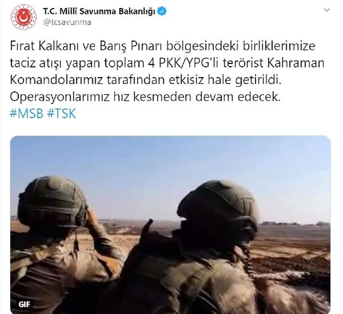 MSB: 4 PKK/YPG\'li terörist etkisiz hale getirildi