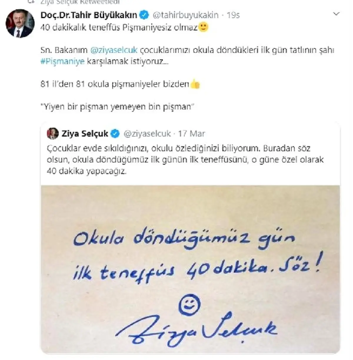 Bakan Selçuk\'un \'ilk teneffüs\' paylaşımına belediyelerden ürünlü destek