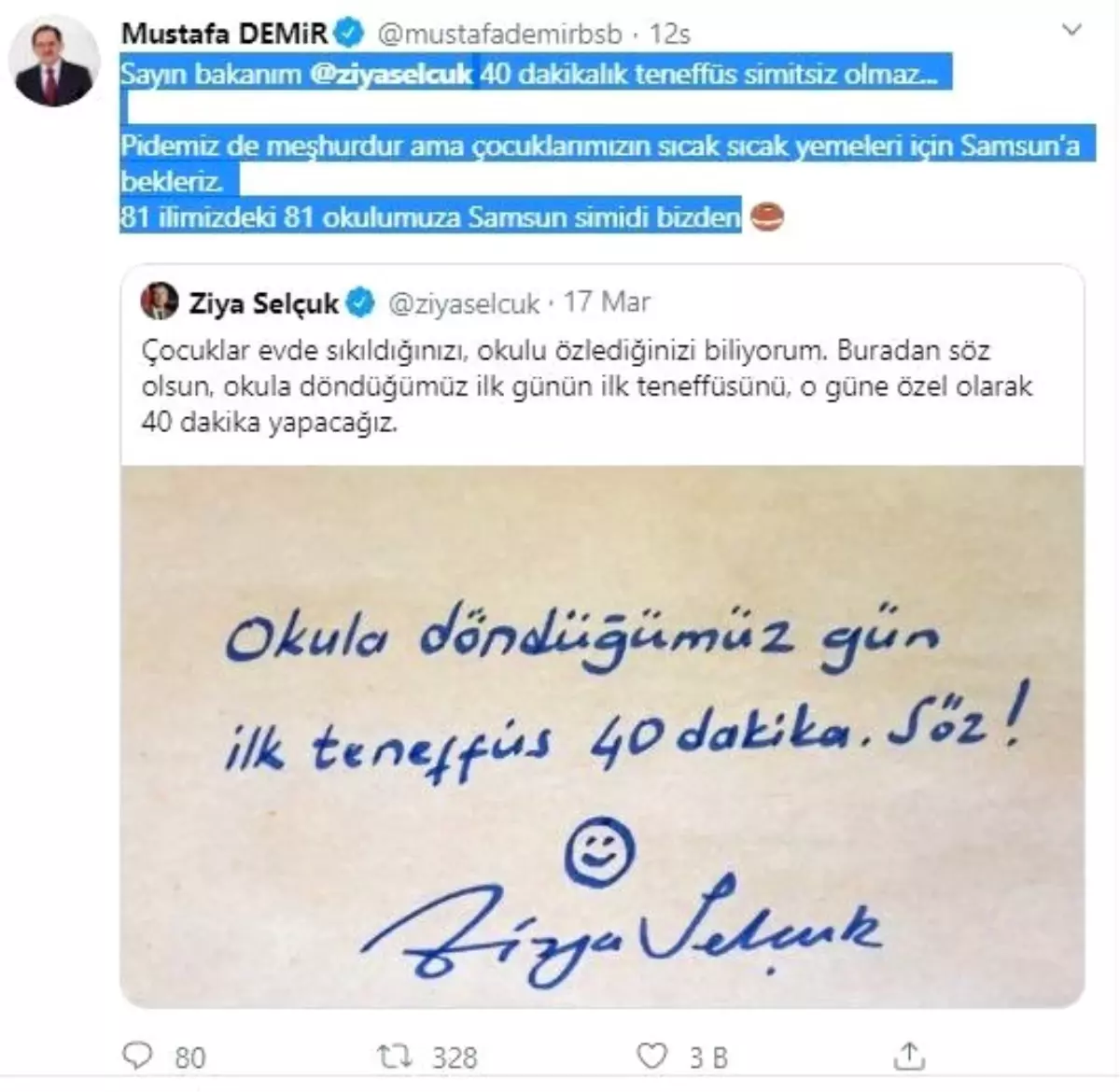 Başkan Demir\'den Bakan Selçuk\'a \'simitli\' destek