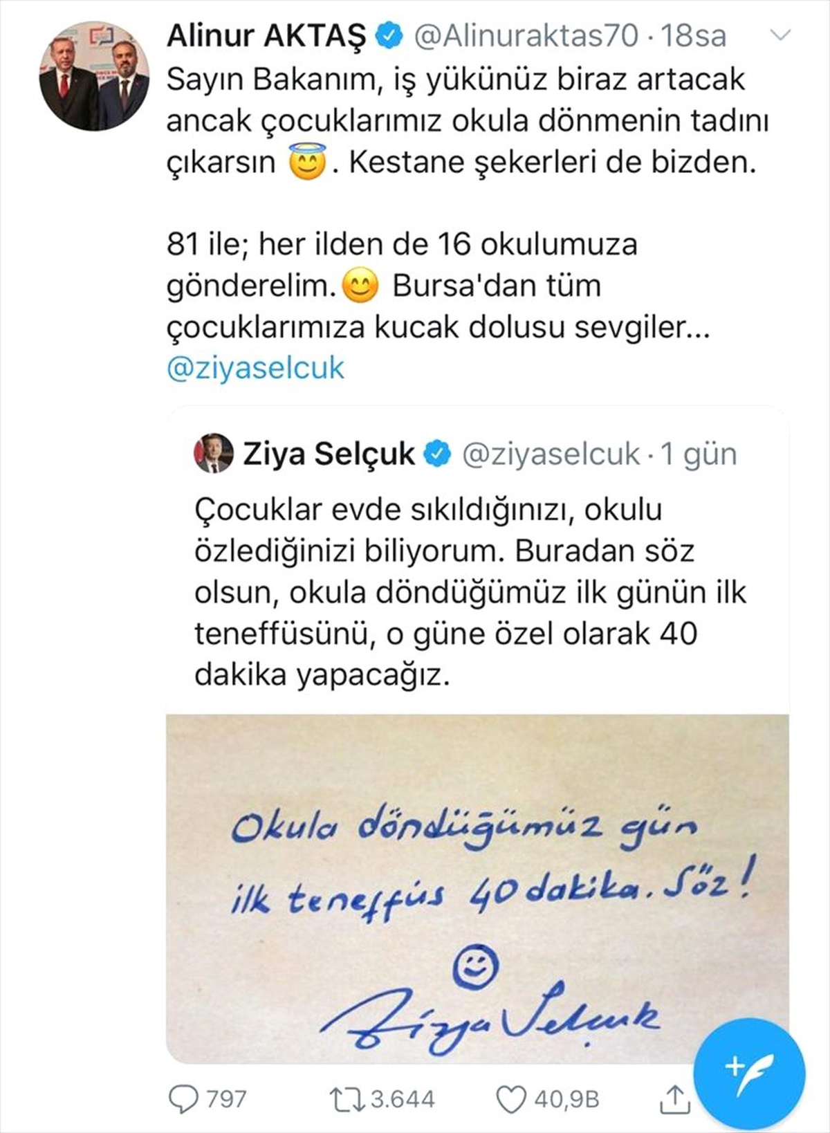 Milli Eğitim Bakanı Selçuk\'un "ilk teneffüs" paylaşımına Bursa\'dan kestane şekerli destek