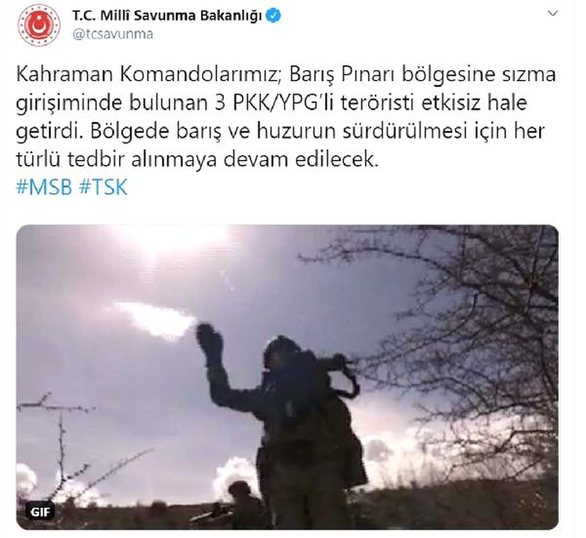 MSB: Barış Pınarı bölgesine sızmaya çalışan 3 terörist etkisiz hale getirildi