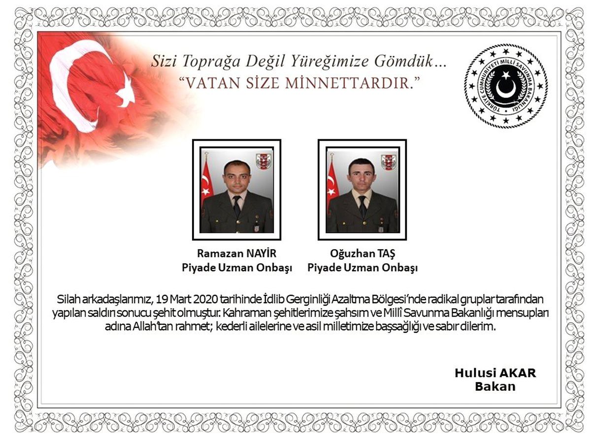 MSB: "İdlib\'de roketli saldırı sonucu 2 şehit oldu, 1 asker yaralandı"