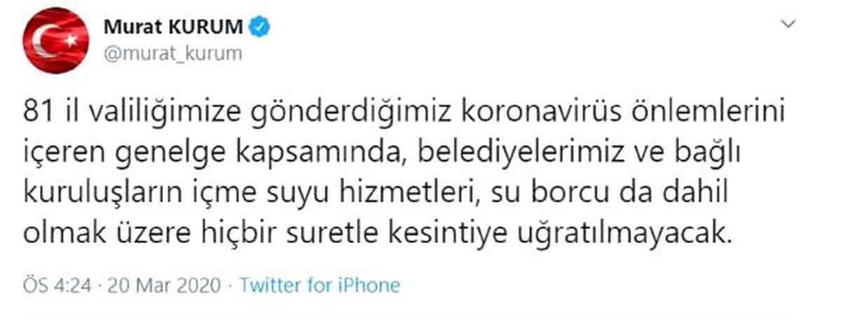 Bakan Kurum: Su hizmetleri kesintiye uğratılmayacak