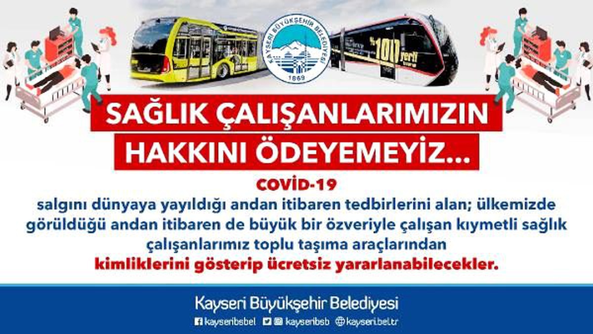 Kayseri\'de, sağlık çalışanlarına toplu taşıma ücretsiz