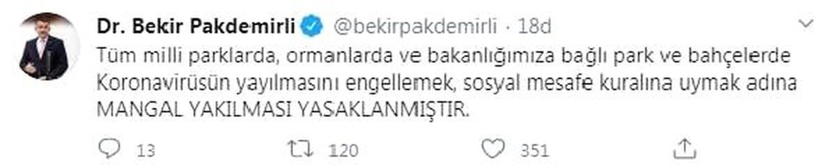 Bakan Pakdemirli: Park ve bahçelerde mangal yakılması yasaklanmıştır