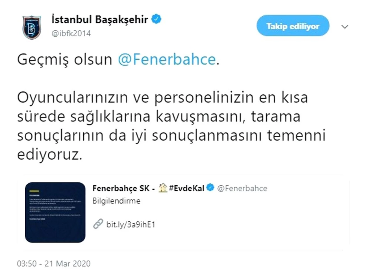 Başakşehir\'den Fenerbahçe\'ye geçmiş olsun mesajı