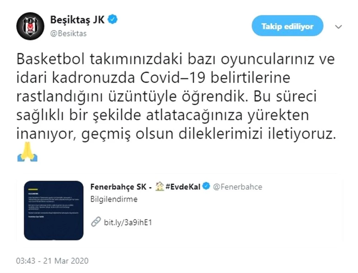 Beşiktaş\'tan Fenerbahçe\'ye geçmiş olsun mesajı