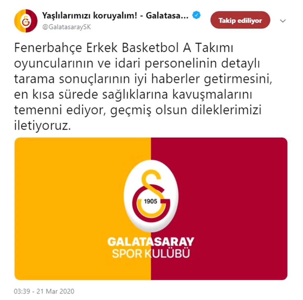 Galatasaray\'dan Fenerbahçe\'ye geçmiş olsun mesajı