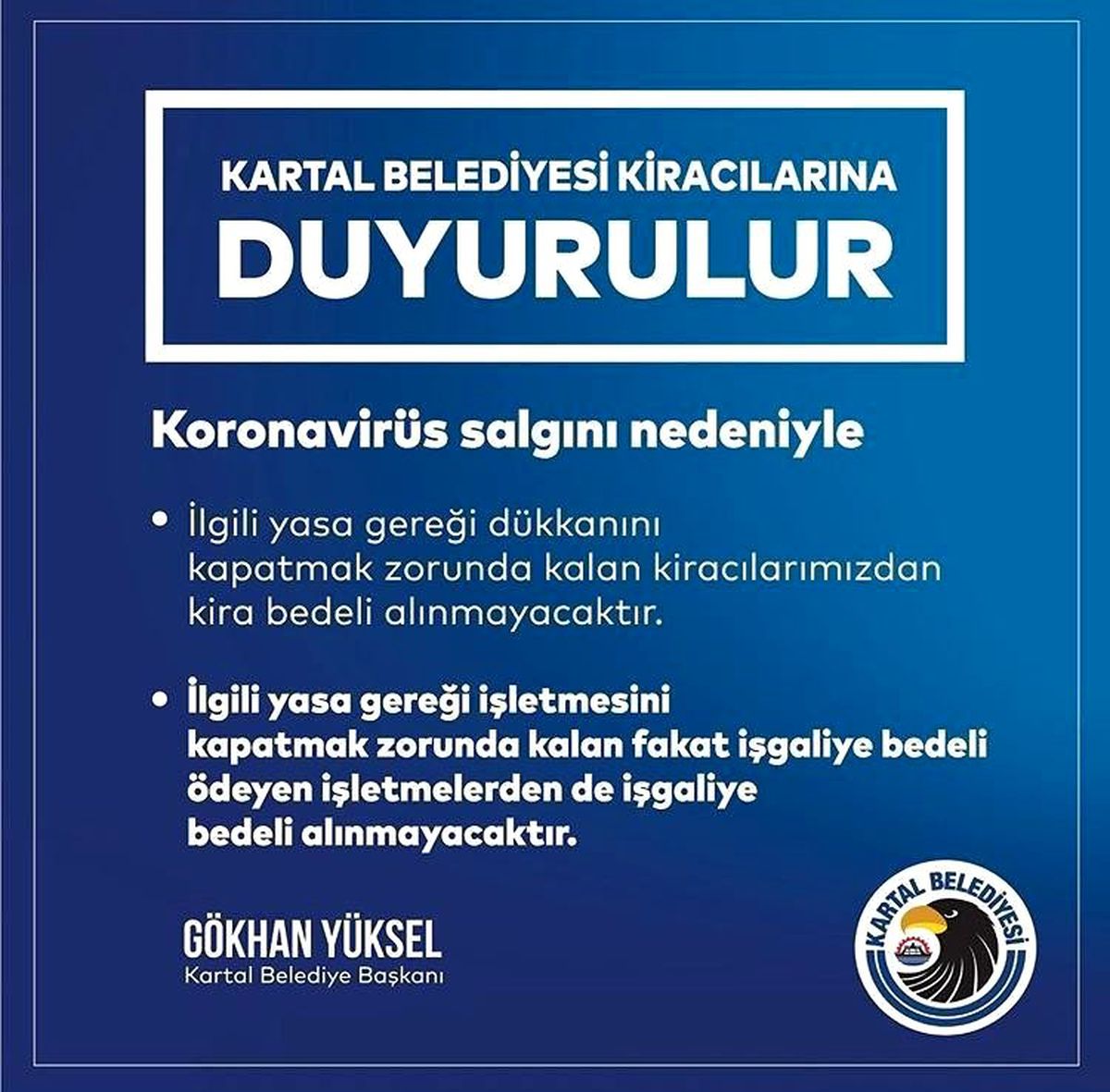 Kartal\'da korona virüsü nedeniyle iş yerini kapatan esnaftan kira ve işgaliye alınmayacak