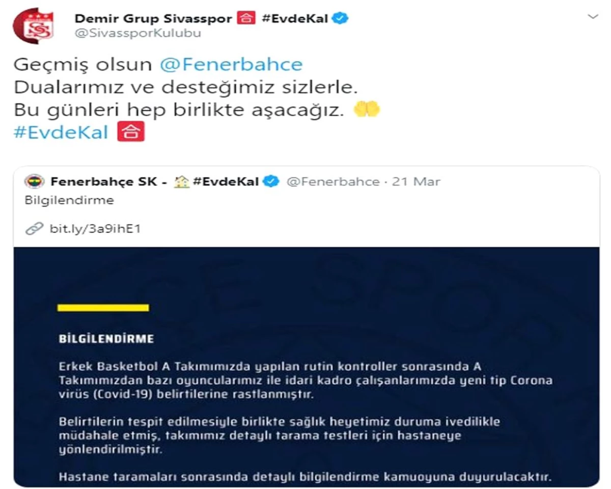 Sivasspor\'dan Fenerbahçe\'ye geçmiş olsun mesajı