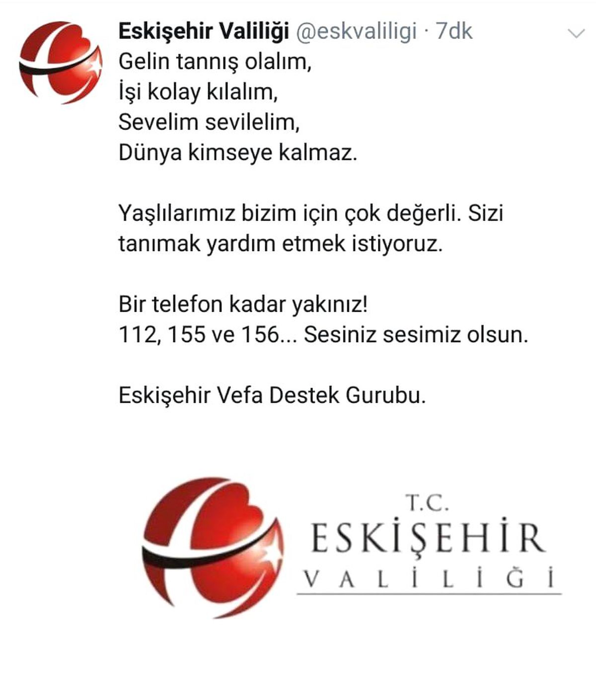 Eskişehir Valiliğinden anlamlı mesaj