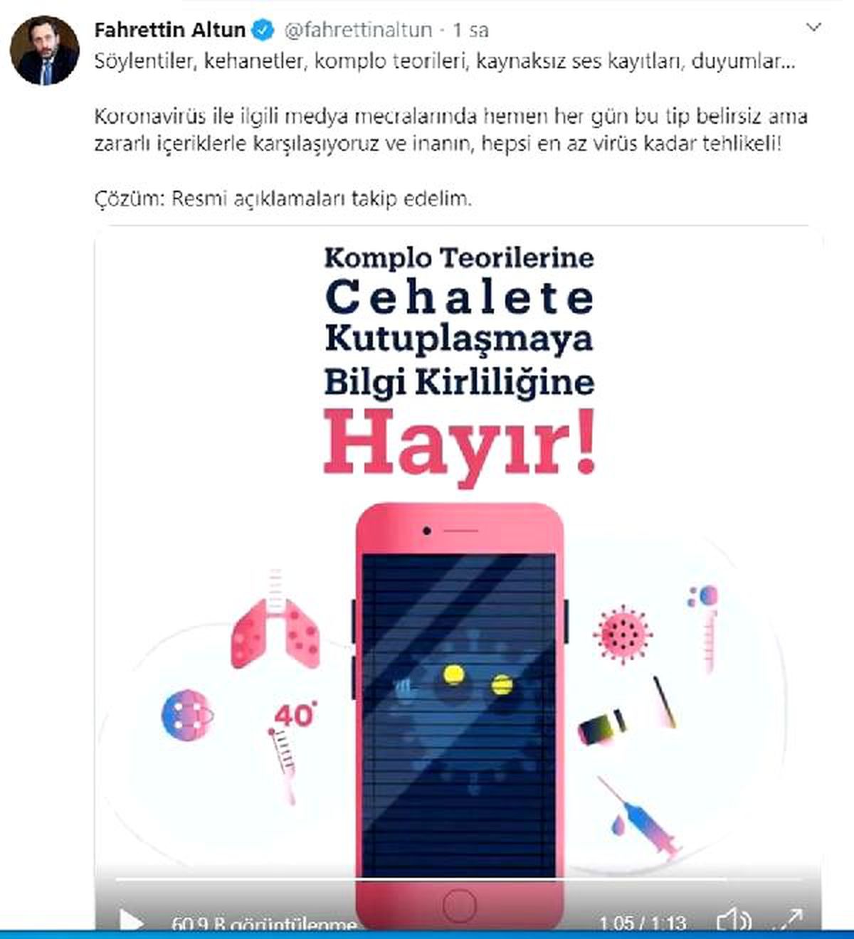 Fahrettin Altun: Bilgi kirliliği de Kovid-19 gibi halk sağlığını tehdit ediyor
