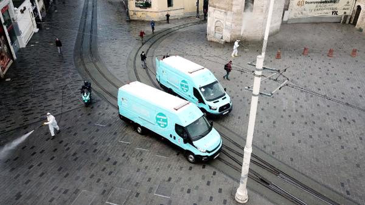 İstiklal Caddesi\'ndeki dezenfekte çalışmaları havadan fotoğraflandı