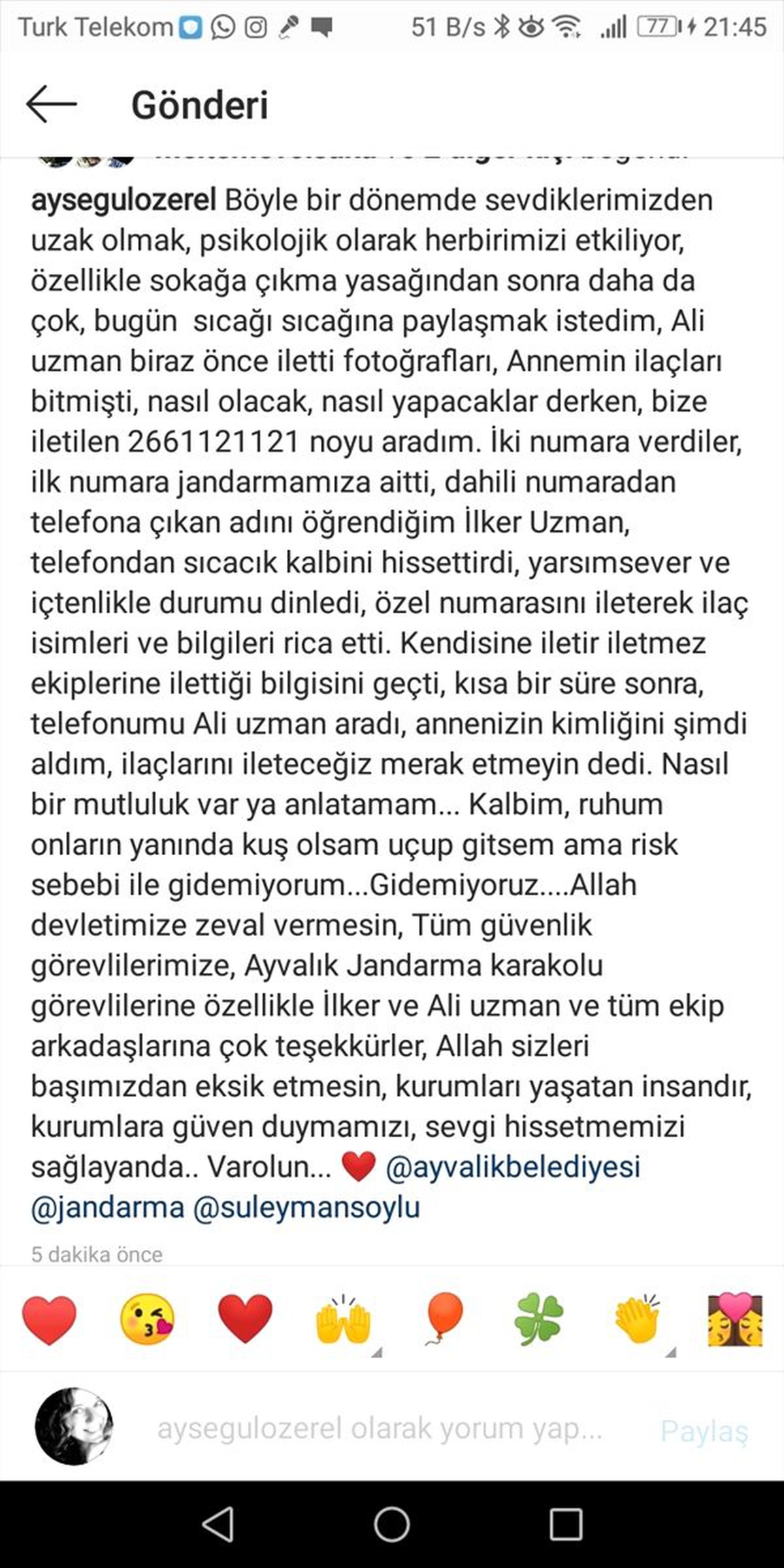 Anne ve babasına yardım eden jandarmaya sosyal medyadan teşekkür etti