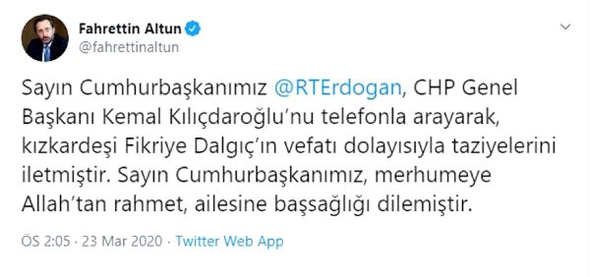 Cumhurbaşkanı Erdoğan\'dan, Kılıçdaroğlu\'na başsağlığı telefonu