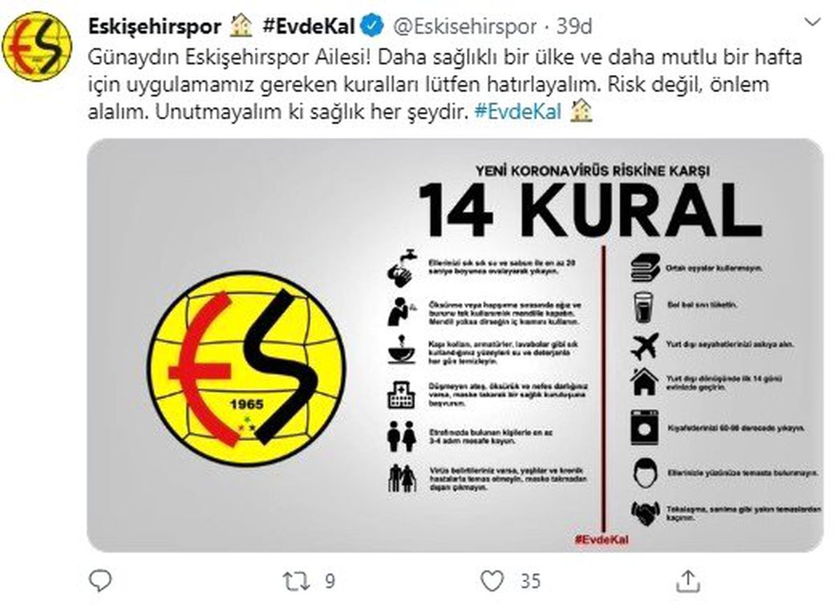 Eskişehirspor\'dan \'evde kal\' çağrısı