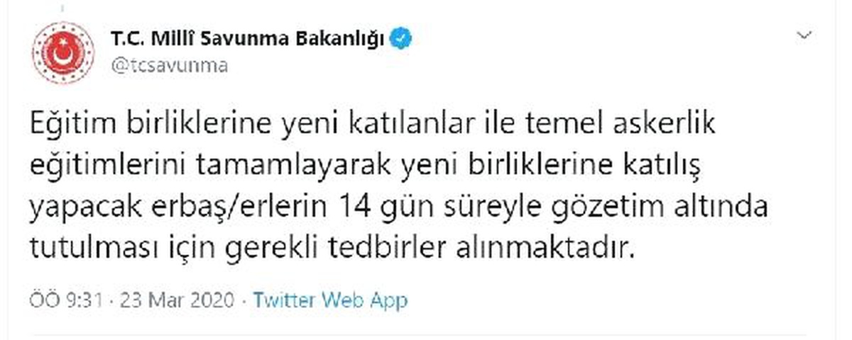 MSB: Birliğe yeni katılan erler, 14 gün gözetim altında tutulacak