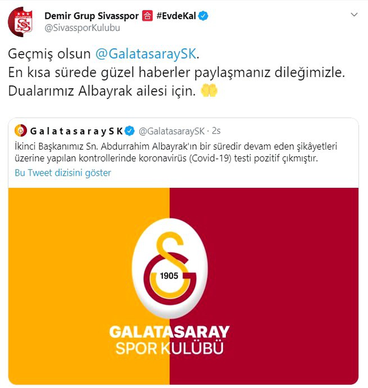 Sivasspor\'dan Galatasaray\'a geçmiş olsun mesajı