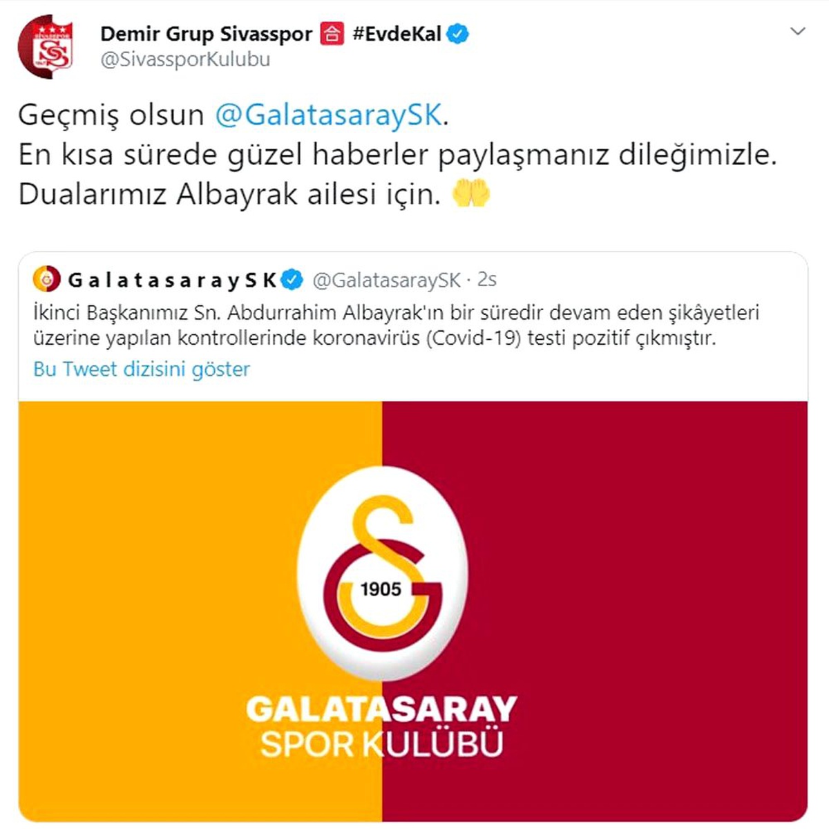 Sivasspor\'dan Galatasaray\'a geçmiş olsun mesajı
