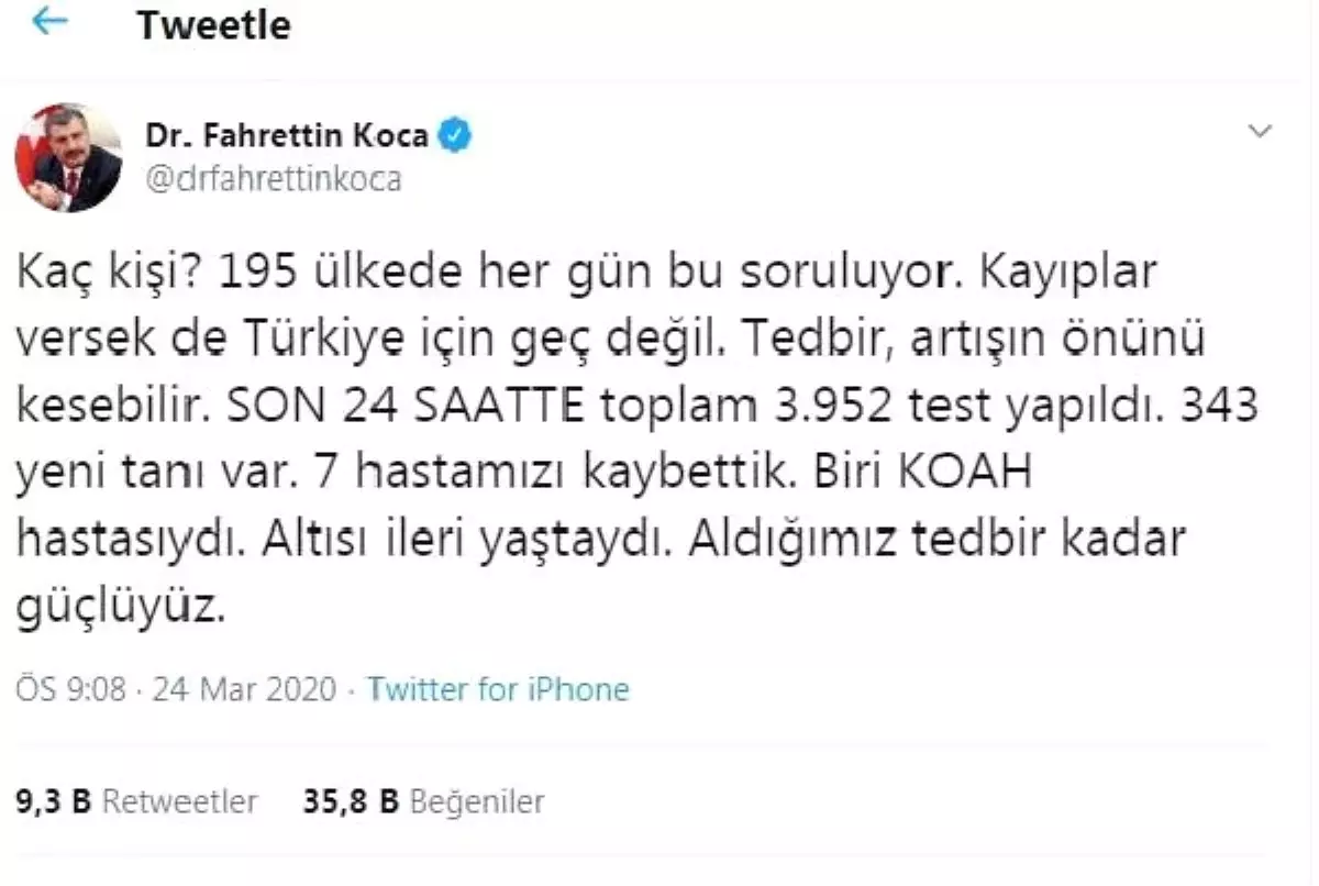 Bakan Koca: 7 hastamızı kaybettik, 343 yeni tanı var