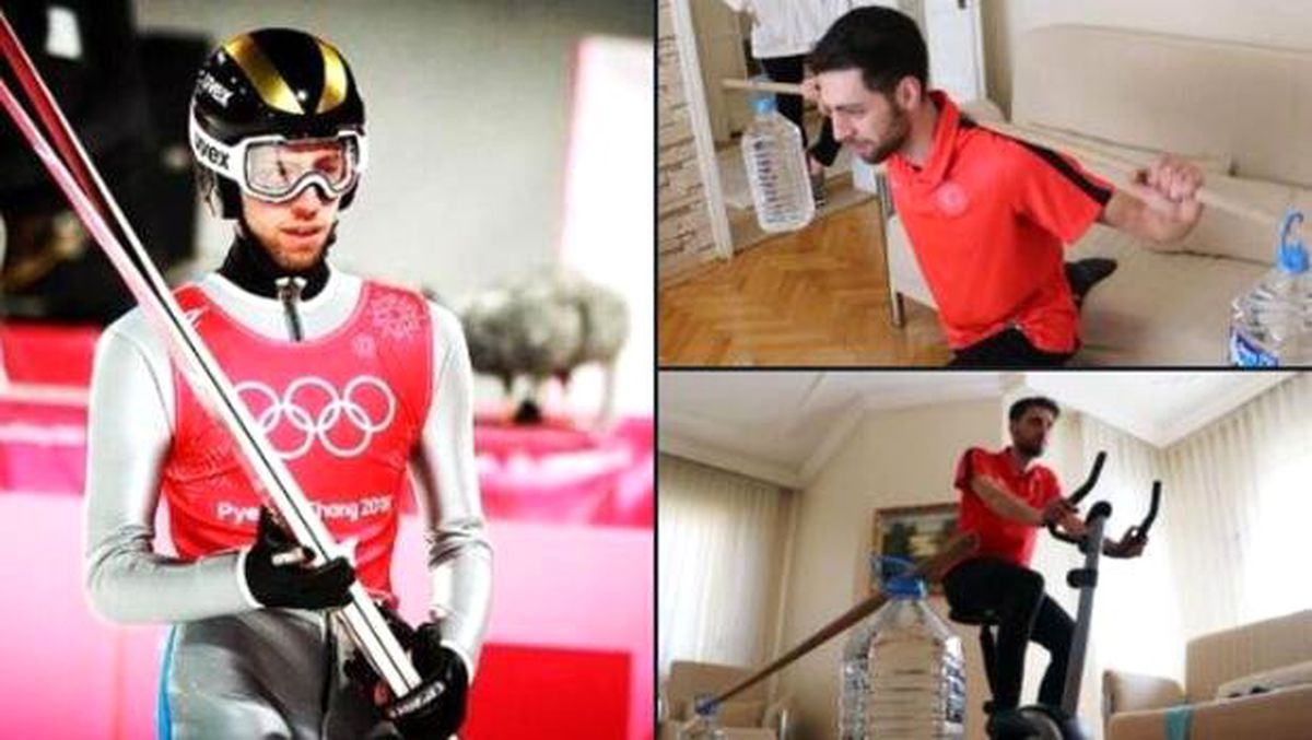 Evde, sehpa ve su bidonları ile kış olimpiyatlarına hazırlanıyor!