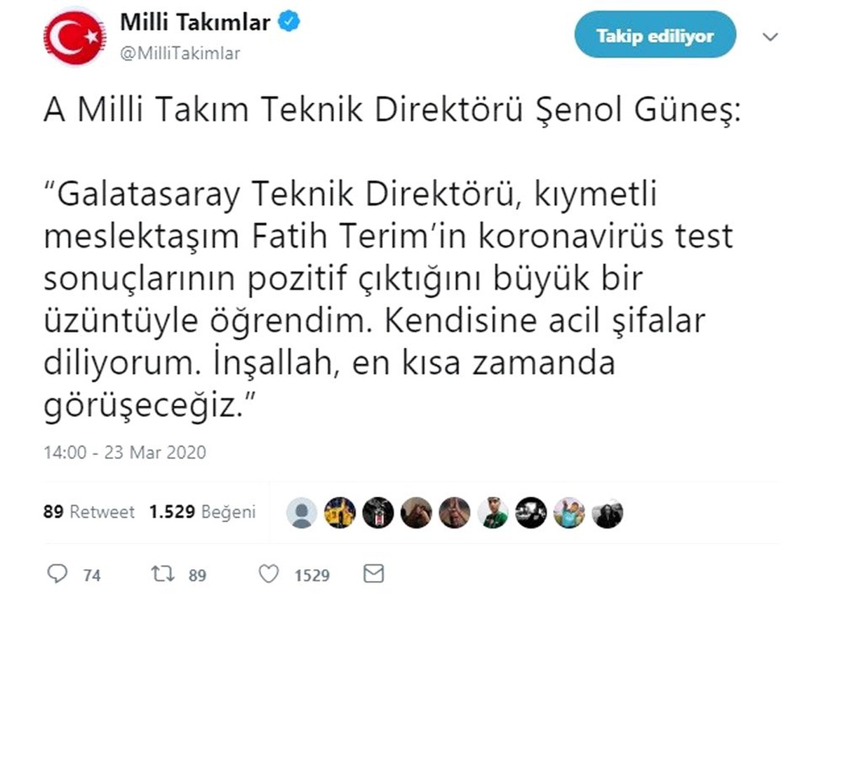Şenol Güneş\'ten Fatih Terim\'e geçmiş olsun mesajı